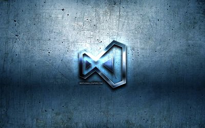 Visual studio metalli-logo, grunge, ohjelmointi kielen merkkej&#228;, sininen metalli tausta, Visual studio, luova, ohjelmointikieli, Visual studio logo