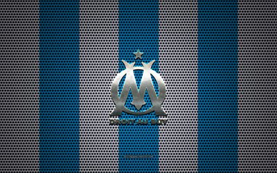 O Olympique de Marselha logotipo, Clube de futebol franc&#234;s, emblema de metal, blue metal branco de malha de fundo, O Olympique De Marselha, Liga 1, Marseille, Fran&#231;a, futebol