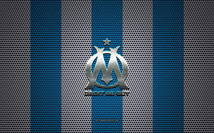 olympique marseille-logo, franz&#246;sische fu&#223;ball-club, metall-emblem, blau-wei&#223;en metall mesh-hintergrund, olympique marseille, ligue 1, marseille, frankreich, fu&#223;ball