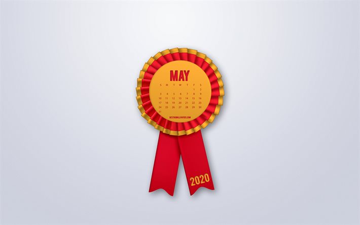 2020 May calendar, red silk ribbon sign, 2020 spring calendars, May, silk badge, gray background, May 2020 Calendar