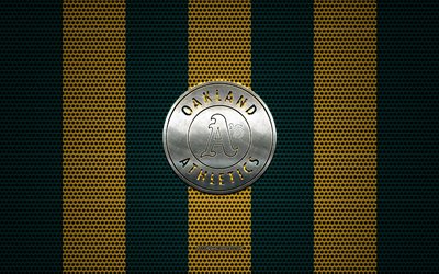 Oakland Athletics logo, American baseball club, metal emblem, green-yellow metal mesh background, Oakland Athletics, MLB, Oakland, California, USA, baseball
