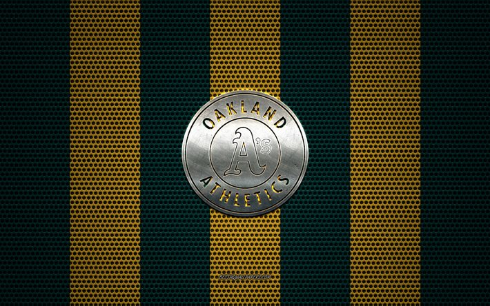 Oakland Athletics logo, Amerikan beyzbol kul&#252;b&#252;, metal amblem, yeşil-sarı metal &#246;rg&#252; arka plan, Oakland Athletics, HABERLER, Oakland, California, ABD, beyzbol