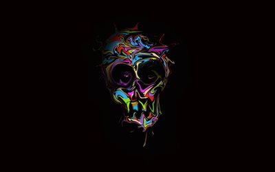 4k, scary skull, black background, minimal, creative, artwork, background with skull, paint splashes, skull