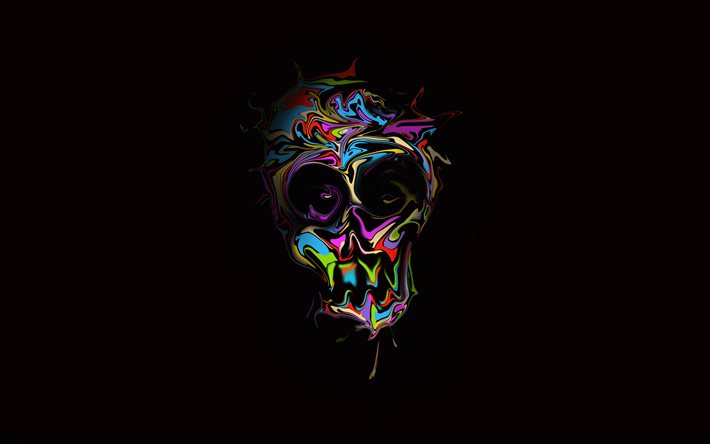Download wallpapers 4k, scary skull, black background, minimal, creative,  artwork, background with skull, paint splashes, skull for desktop free.  Pictures for desktop free