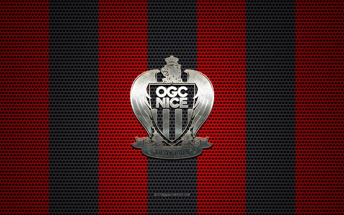 OGC Nice logo, French football club, metal emblem, red-black metal mesh background, OGC Nice, Ligue 1, Nice, France, football
