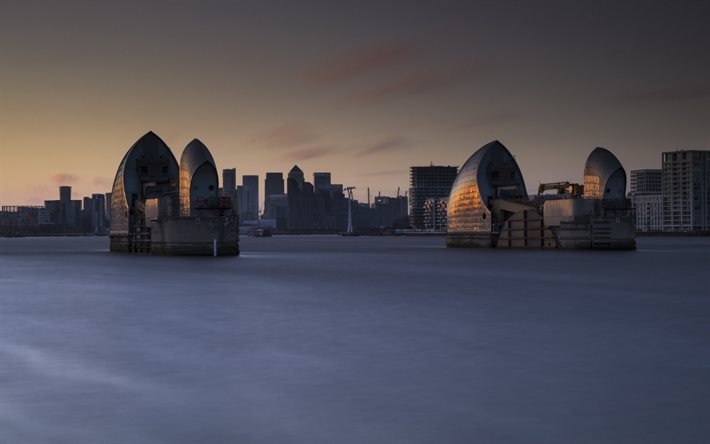 thames barrier, london, abwehr, themse, greater london, england, abend, sonnenuntergang, uk
