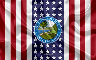 Orlando Sello, 4k, de seda, de textura, de la Bandera Americana, estados UNIDOS, Orlando, Florida, la Ciudad de Am&#233;rica, el Sello de Orlando, bandera de seda