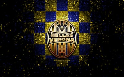 Hellas Verona FC, glitter logo, Serisi, mavi, sarı damalı arka plan, futbol, Hellas Verona, İtalyan Futbol Kul&#252;b&#252; Hellas Verona logo, mozaik sanatı, İtalya