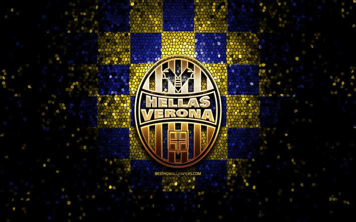 Hellas Verona FC, glitter logo, Serie A, blue yellow checkered background, soccer, Hellas Verona, italian football club, Hellas Verona logo, mosaic art, football, Italy