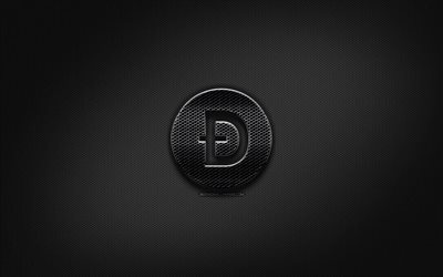Dogecoin black logo, cryptocurrency, grid metal background, Dogecoin, artwork, creative, cryptocurrency signs, Dogecoin logo