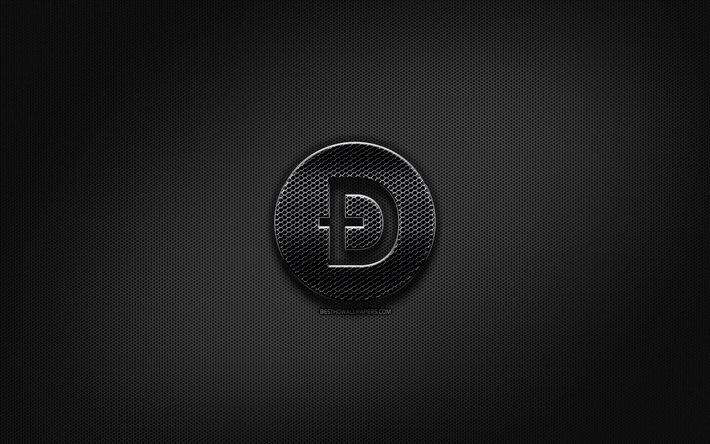 Dogecoin musta logo, kryptovaluutta, grid metalli tausta, Dogecoin, kuvitus, luova, kryptovaluutta merkkej&#228;, Dogecoin-logo