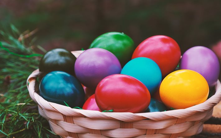 Ovos de p&#225;scoa, ovos decorados, P&#225;scoa, f&#233;rias de primavera, cesta com ovos de P&#225;scoa
