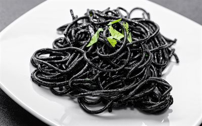 black spaghetti, black pasta, plate with pasta, pasta, dishes with spaghetti