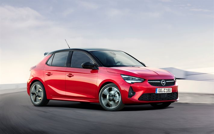 Opel Corsa GS Linha, 2020, vista frontal, exterior, vermelho hatchback, vermelho novo Corsa, Carros alem&#227;es, Opel
