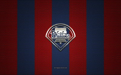 Philadelphia Phillies logo, American baseball club, metal emblem, blue red metal mesh background, Philadelphia Phillies, MLB, Philadelphia, Pennsylvania, USA, baseball