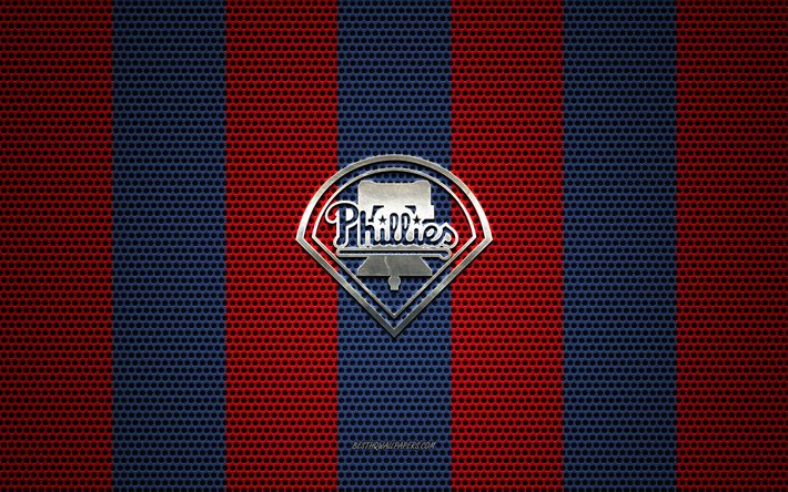 philadelphia phillies logo, american baseball club -, metall-emblem, blau-rot-metal-mesh-hintergrund, philadelphia phillies mlb philadelphia, pennsylvania, usa, baseball
