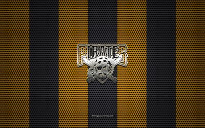 Pittsburgh Pirates logo, American baseball club, metal emblem, yellow black metal mesh background, Philadelphia Phillies, MLB, Pittsburgh, Pennsylvania, USA, baseball