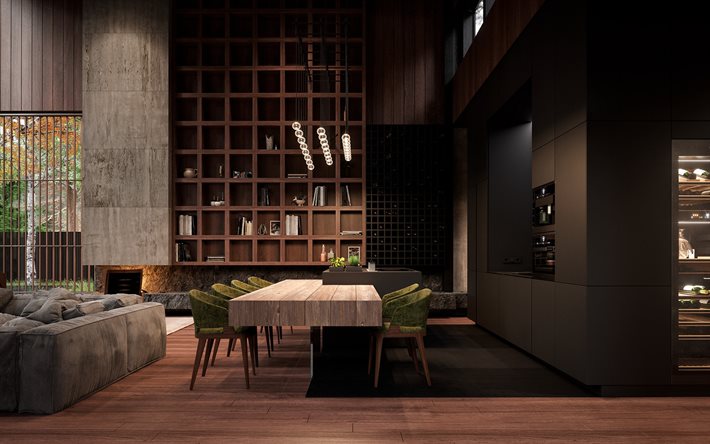 elegante design de interior, estilo loft, sala de estar, sala de jantar, paredes de concreto na sala de estar, escuros de madeira e de concreto