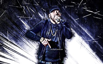 4k, Eminem, grunge de l&#39;art, le rappeur am&#233;ricain, stars de la musique, fan art, Marshall Bruce Mathers III, american c&#233;l&#233;brit&#233;, abstrait bleu rayons, cr&#233;atif, Eminem 4K