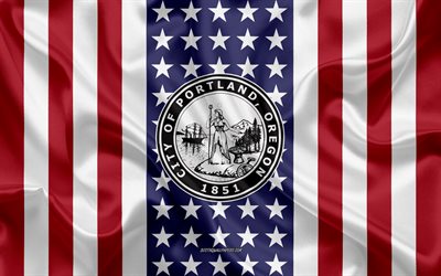 Portland Seal, 4k, silk texture, American Flag, USA, Portland, Oregon, American City, Seal of the Portland, silk flag
