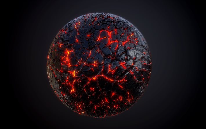 lava pianeta, 4k, fuoco pianeta, le tenebre, il 3D del pianeta, galassia, sfondo nero, 3D arte, arte, pianeti