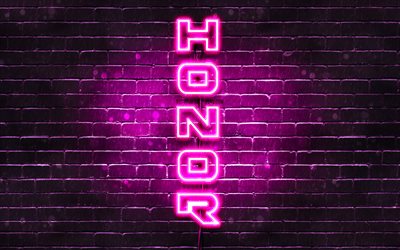 4K, el Honor p&#250;rpura logo, texto vertical, p&#250;rpura brickwall, el Honor de ne&#243;n logotipo, creativo, Honor logotipo, im&#225;genes, Honor