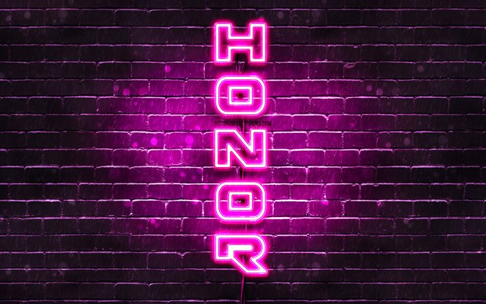 4K, Honor purple logo, vertical text, purple brickwall, Honor neon logo, creative, Honor logo, artwork, Honor