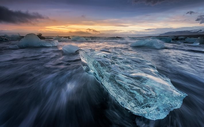 ice floes, morning, sunrise, waves, coast, Iceland, ice