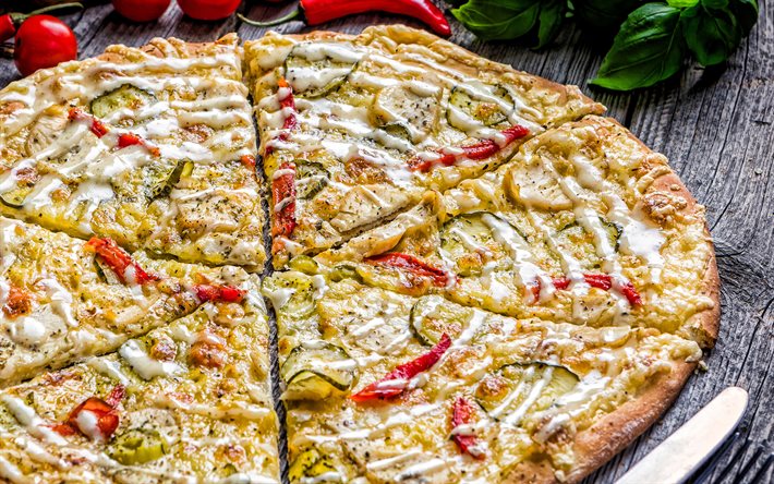 pizza, pizza vegetariana, comida r&#225;pida, pizza com legumes, pizza com abobrinha