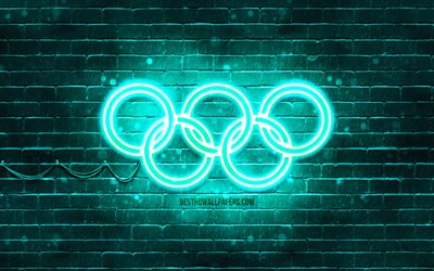 t&#252;rkis olympischen ringe, 4k, t&#252;rkis brickwall, zeichen der olympischen ringe, der olympischen symbole, neon-olympische ringe, olympische ringe