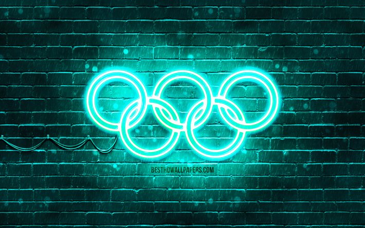 t&#252;rkis olympischen ringe, 4k, t&#252;rkis brickwall, zeichen der olympischen ringe, der olympischen symbole, neon-olympische ringe, olympische ringe