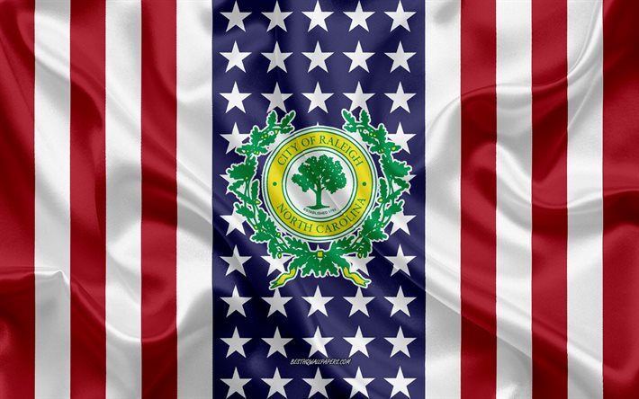 Raleigh Seal, 4k, silk texture, American Flag, USA, Raleigh, North Carolina, American City, Seal of the Raleigh, silk flag