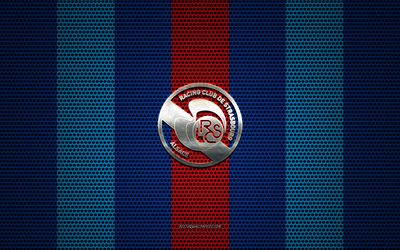 rc strasbourg alsace logo, franz&#246;sisch fu&#223;ball-club, metall-emblem, blau-rot-metal-mesh-hintergrund, rc stra&#223;burg, elsa&#223;, ligue 1, stra&#223;burg, frankreich, fu&#223;ball