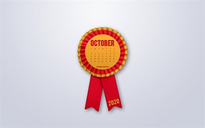2020 October calendar, red silk ribbon sign, 2020 autumn calendars, October, silk badge, gray background, October 2020 Calendar