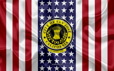 San Jose Seal, 4k, silk texture, American Flag, USA, San Jose, California, American City, Seal of the San Jose, silk flag