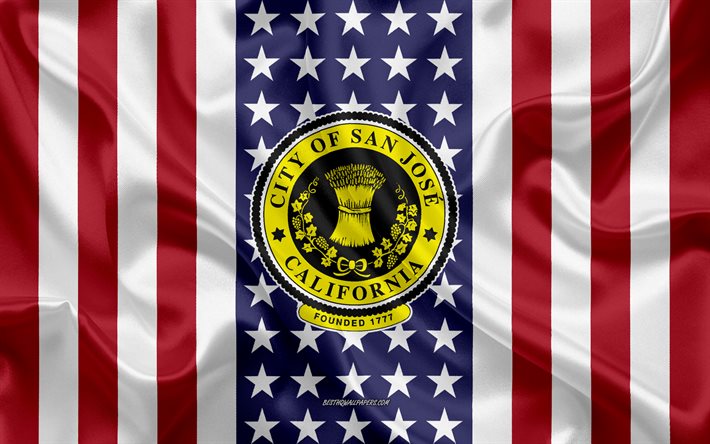 San Jose Selo, 4k, textura de seda, Bandeira Americana, EUA, San Jose, Calif&#243;rnia, Cidade Americana, Selo de San Jose, seda bandeira