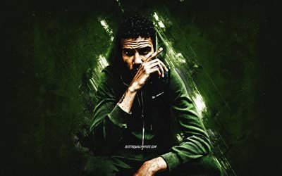 AJ Tracey, British rapper, portrait, Che Wolton Grant, green stone background, grunge art