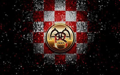 Aalborg FC, glitter logo, Danish Superliga, red white checkered background, soccer, danish football club, Aalborg logo, mosaic art, football, Aalborg BK