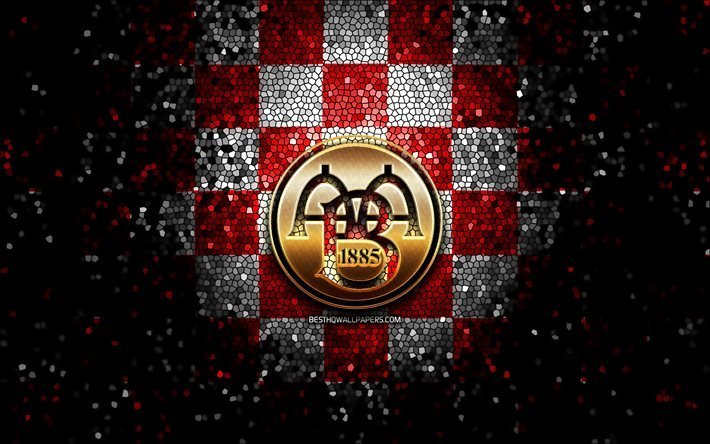Aalborg FC, glitter logotyp, Danska Superliga, r&#246;d vit rutig bakgrund, fotboll, danska fotbollsklubben, Aalborg logotyp, mosaik konst, &#197;lborg BK
