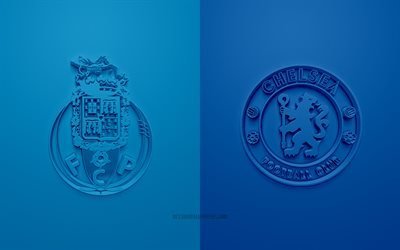 FC Porto vs Chelsea FC, UEFA Champions League, quarterfinals, 3D logos, blue background, Champions League, football match, FC Porto, Chelsea FC
