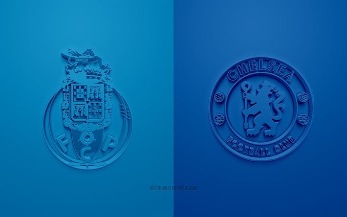 FC Porto vs Chelsea FC, UEFA Champions League, quartas-de-final, logotipos 3D, fundo azul, Liga dos Campe&#245;es, partida de futebol, FC Porto, Chelsea FC