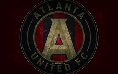 Atlanta United FC, American soccer team, burgundy black stone background, Atlanta United FC logo, grunge art, MLS, soccer, USA, Atlanta United emblem