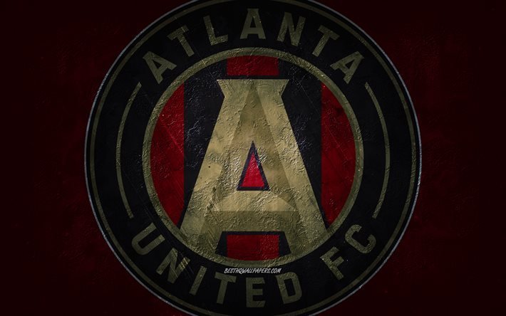 Atlanta United FC, time de futebol americano, fundo de pedra preta borgonha, logotipo do Atlanta United FC, arte grunge, MLS, futebol, EUA, Atlanta United emblema
