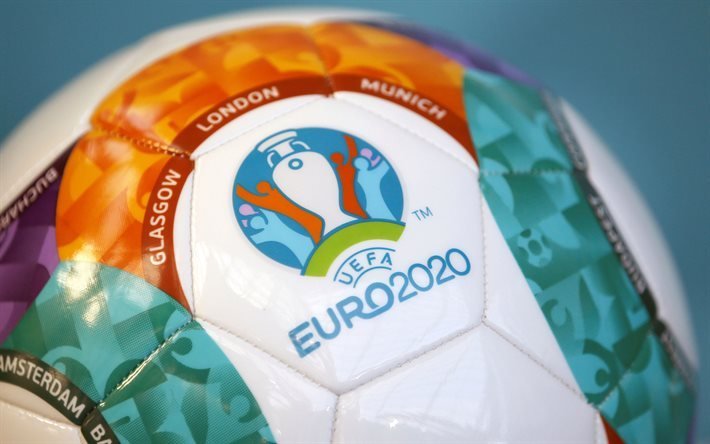 ユーロ2020ロゴ, 4k, サッカーボール, 2020 UEFA欧州サッカー選手権, ユーロ2020, サッカー選手権, ユーロ2020エンブレム, サッカー