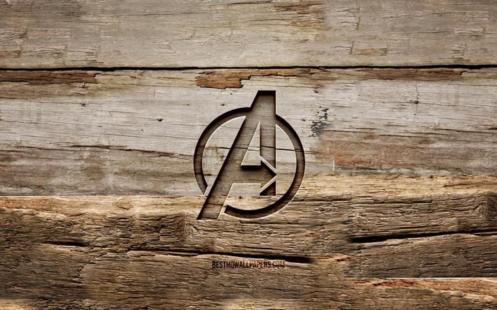 Avengers logo in legno, 4K, sfondi in legno, supereroi, logo Avengers, creativo, intaglio del legno, Avengers