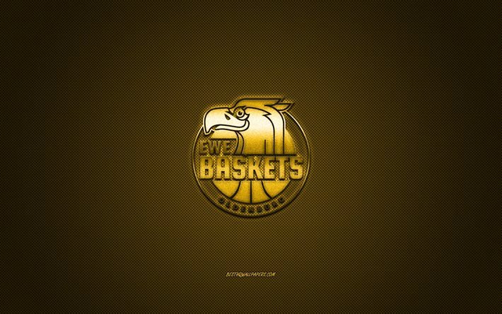 Basket Oldenburg, squadra di basket tedesca, BBL, logo giallo, sfondo in fibra di carbonio gialla, Basketball Bundesliga, basket, Oldenburg, Germania, logo Baskets Oldenburg