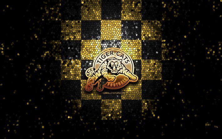 Tiger-Cats de Hamilton, logo paillet&#233;, LCF, fond &#224; carreaux noirs jaunes, soccer, &#233;quipe canadienne de football, logo des Tiger-Cats de Hamilton, art de la mosa&#239;que, football canadien