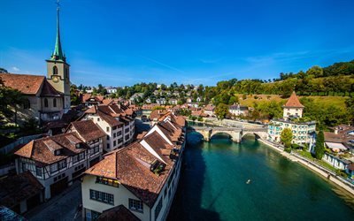 Bern, morgon, Nydegg kyrka, vacker flod, Gamla stan Bern, Floden Bern, kapell, Bern stadsbild, Schweiz