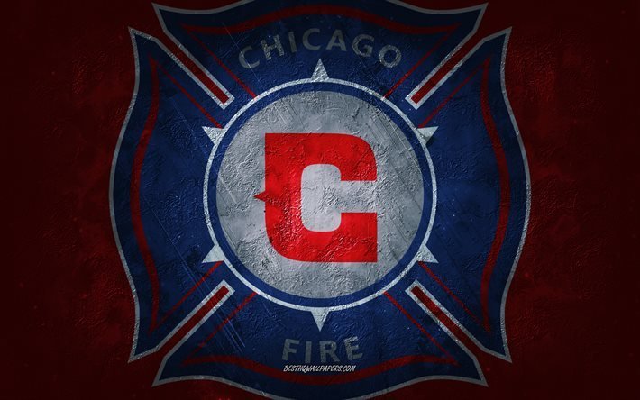 Chicago Fire FC, American soccer team, blue stone background, Chicago Fire FC logo, grunge art, MLS, soccer, USA, Chicago Fire FC emblem