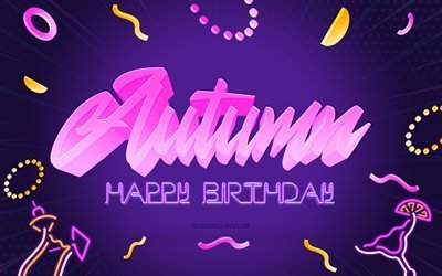 Happy Birthday Autumn, 4k, Purple Party Background, Autumn, creative art, Happy Autumn birthday, Autumn name, Autumn Birthday, Birthday Party Background